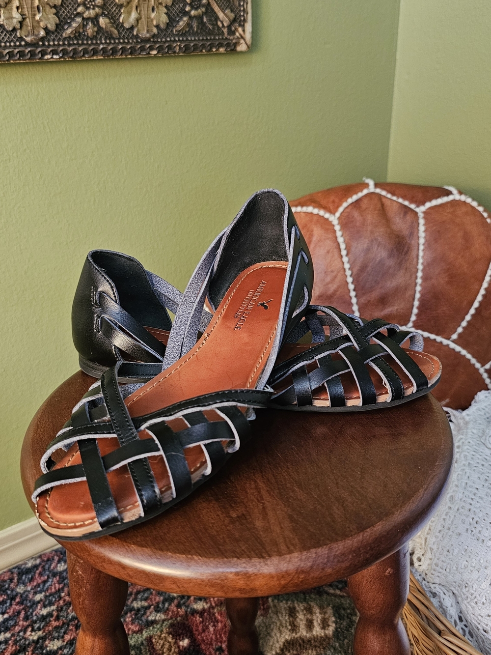 American Eagle Women's Black Huarache Woven Fisherman Sandals Flats Size 7